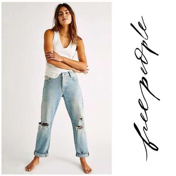 Free People Bren Light Wash Distressed High-Rise Denim Boyfriend Jeans Size 28 - Picture 1 of 12